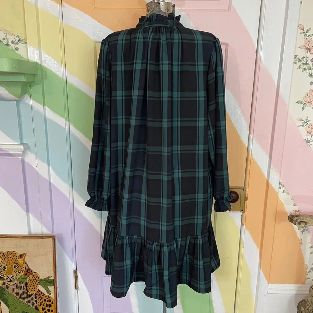 J. Crew Green Black Watch Tartan Plaid Ruffle Puff Sleeve Dress Sz 2X 🧡🎀